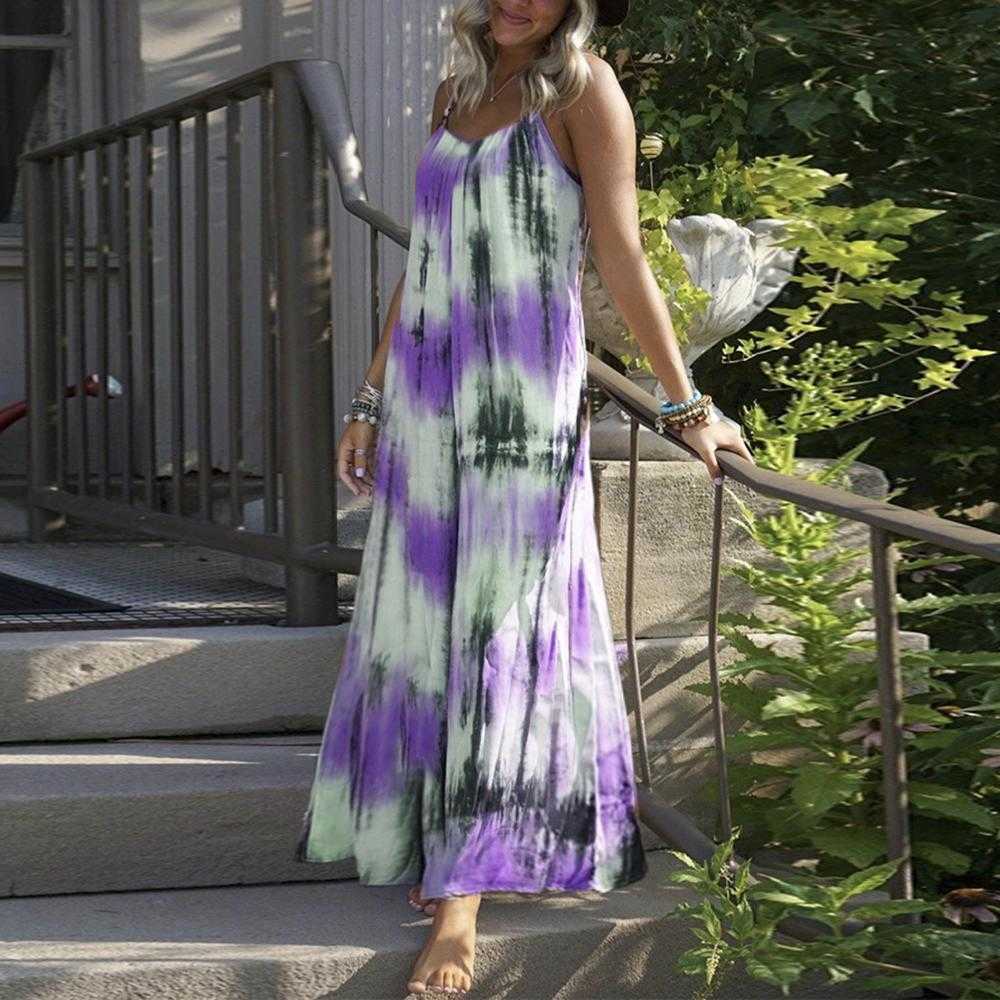 

Summer Women Loose Maxi Dress Casual Sleeveless Tie dye Stripe Printed Long Bohemian Sling Female Beach Sundress Plus Size 210526, Orange