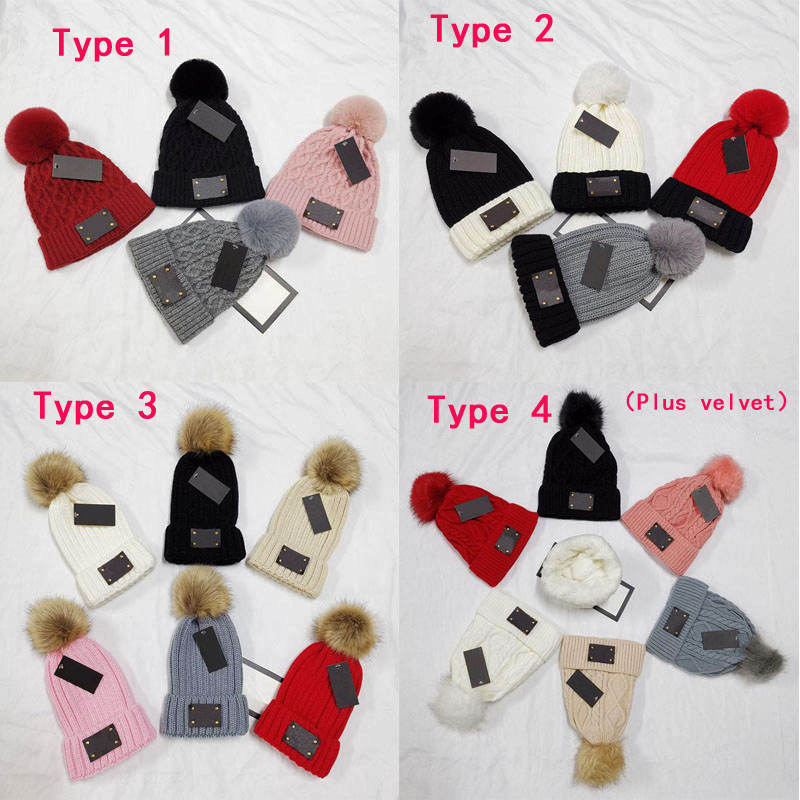

Fashion Womens Beanie Winter Hat For Women Soft Stretch Cable Velvet Autumn Knitted Pom Poms Designer Beanies Hats Patchwork Woman Skull Caps Girl Ski Cap 4-type, Type 4 -plus velvet grey