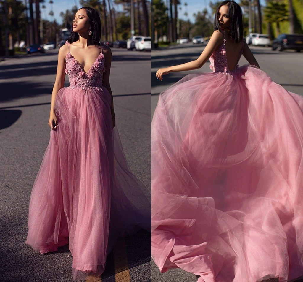 

New 2021 Dark Pink Spaghetti Strap Evening Es Vestidos De Longo v Neck Girl Prom Party Gowns with 3d Flowers Backless Customed 9jmx, Champagne
