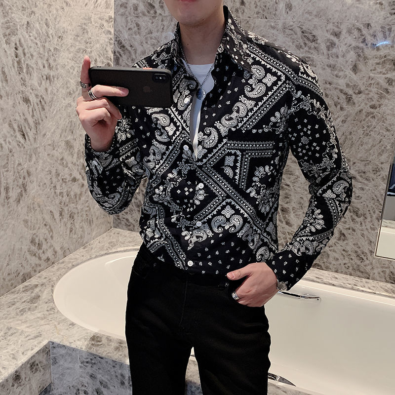 

2021 New Luxury Vintage Bandanna Print Party Costumes Men Long Sleeve Paisley Chic Shirt Camisas Para Manga Larga Mt4u, Black