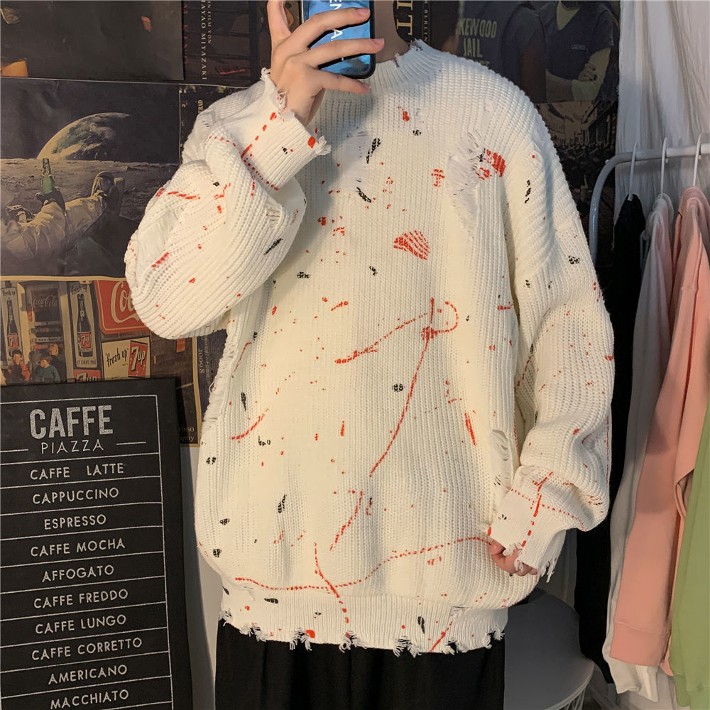 

2021 New Men's Fashions Graffiti Pullover Hole Loose Jackets in the Fashionable Sleeve Long Wool Cashmere Knitting Sweater Big M-5xl X3zc, White