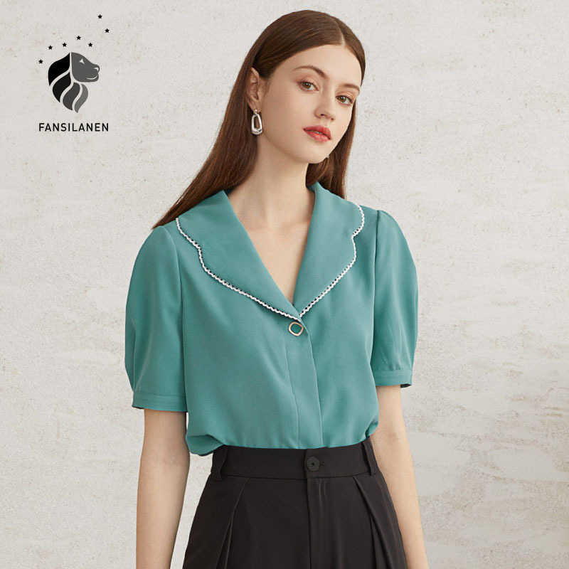 

FANSILANEN Vintage puff sleeve green chiffon blouse shirt Women elegant white summer button up Female casual short top 210607