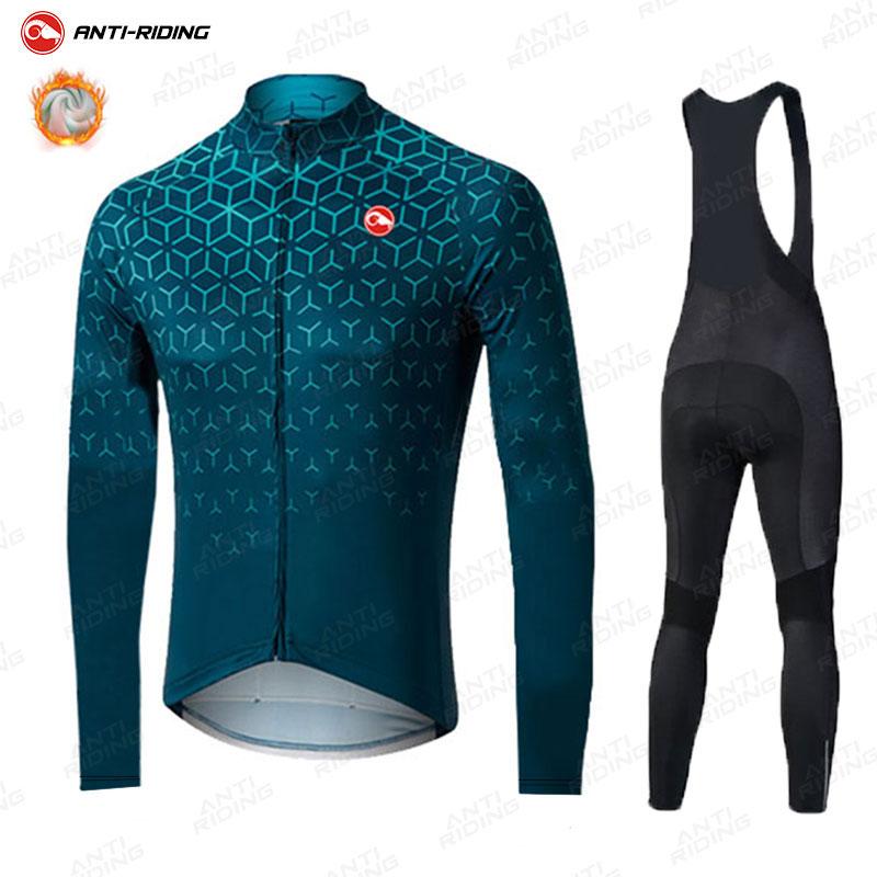 

Racing Sets 2021 Winter Thermal Fleece Cycling Jersey Set Bike Suit Mountian Bicycle Clothing Ropa Ciclismo, Black;blue