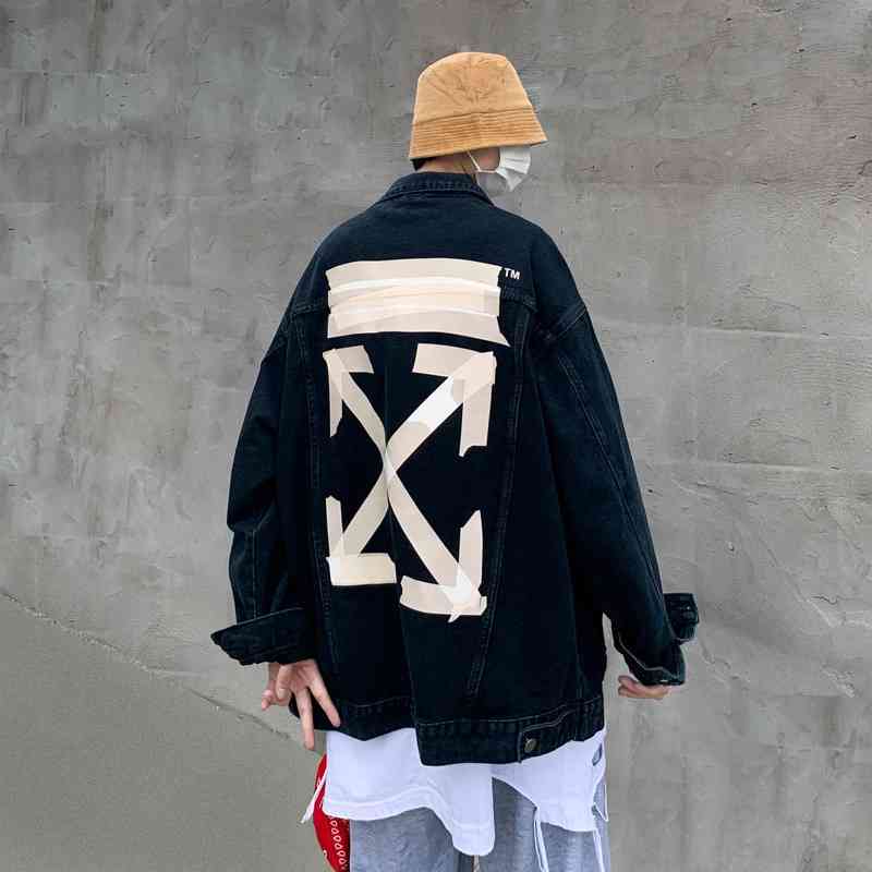 

Off bronzing tape printing arrow ow denim jacket men's and women's lovers fog tide brand ins, Black