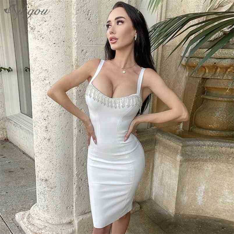 

Women' Tassel Deep V Neck Dress Spaghetti Strap Sleeveless Mini Sexy Nightclub Party Bodycon Bandage 210525, Black