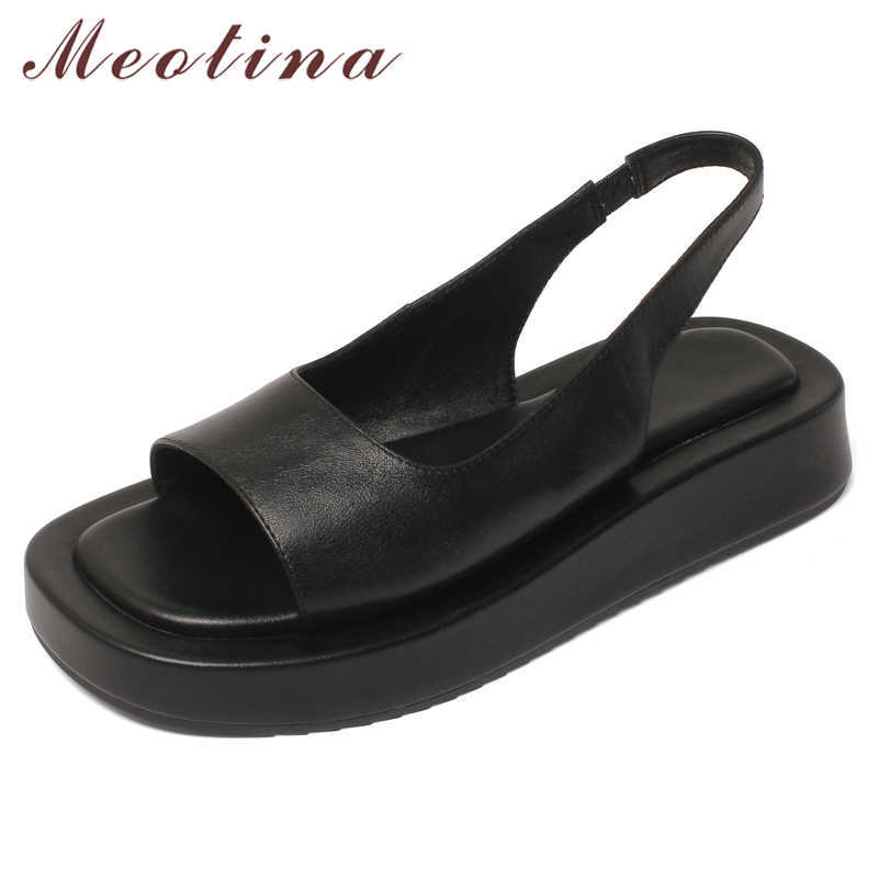 

Meotina Shoes Women Genuine Leather Sandals Flat Platform Sandals Square Toe Cow Leather Ladies Footwear Summer Black Fashion 210608, Beige