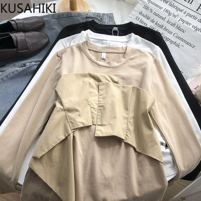

KUSAHIKI Irregular Patchwork O-neck Women T-shirts Fake 2pieces Long Sleeve Korean Tee Top Spring Korean T Shirt 6E499 210602, Khaki
