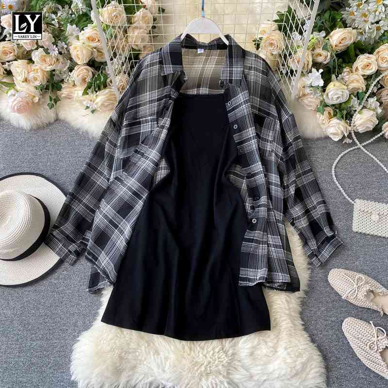 

LY VAREY LIN Summer Autumn Casual Two Piece Set Long Sleeve Plaid Grey Overcoats Spaghetti Strap Slim Black Solid Dress 210708