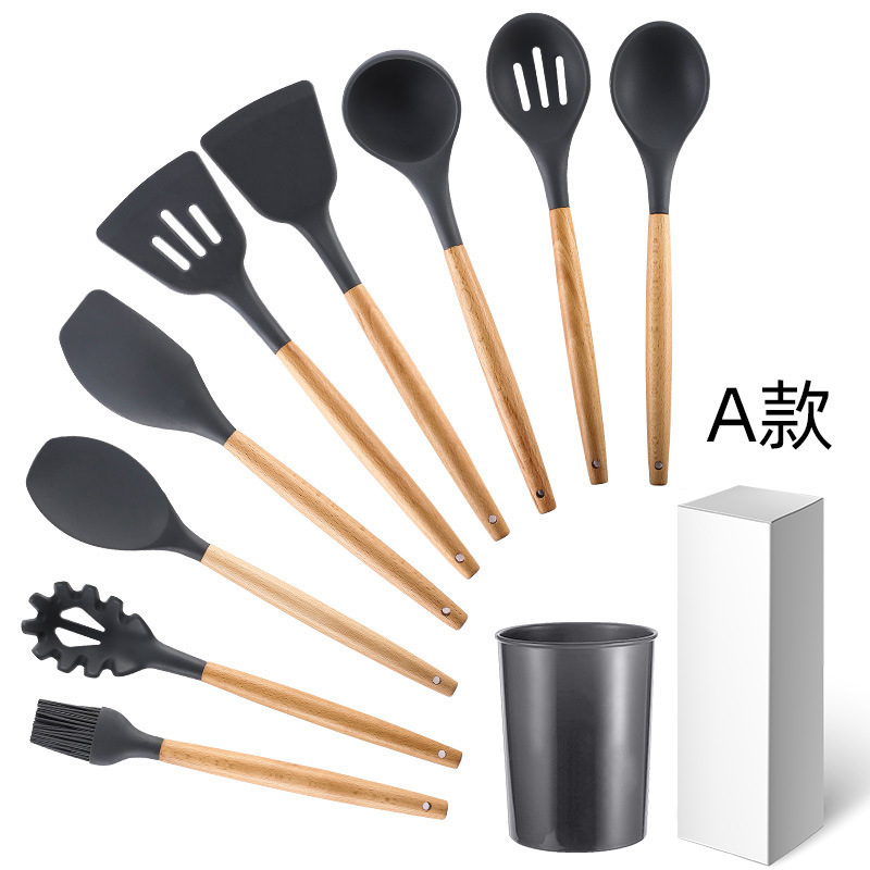 

Amazon Wooden Handle Silicone Kitchenware Set 9-Piece Non-Stick Pan Cooking Ladel Spatula and Soup Spoon Spatula Oil Brush