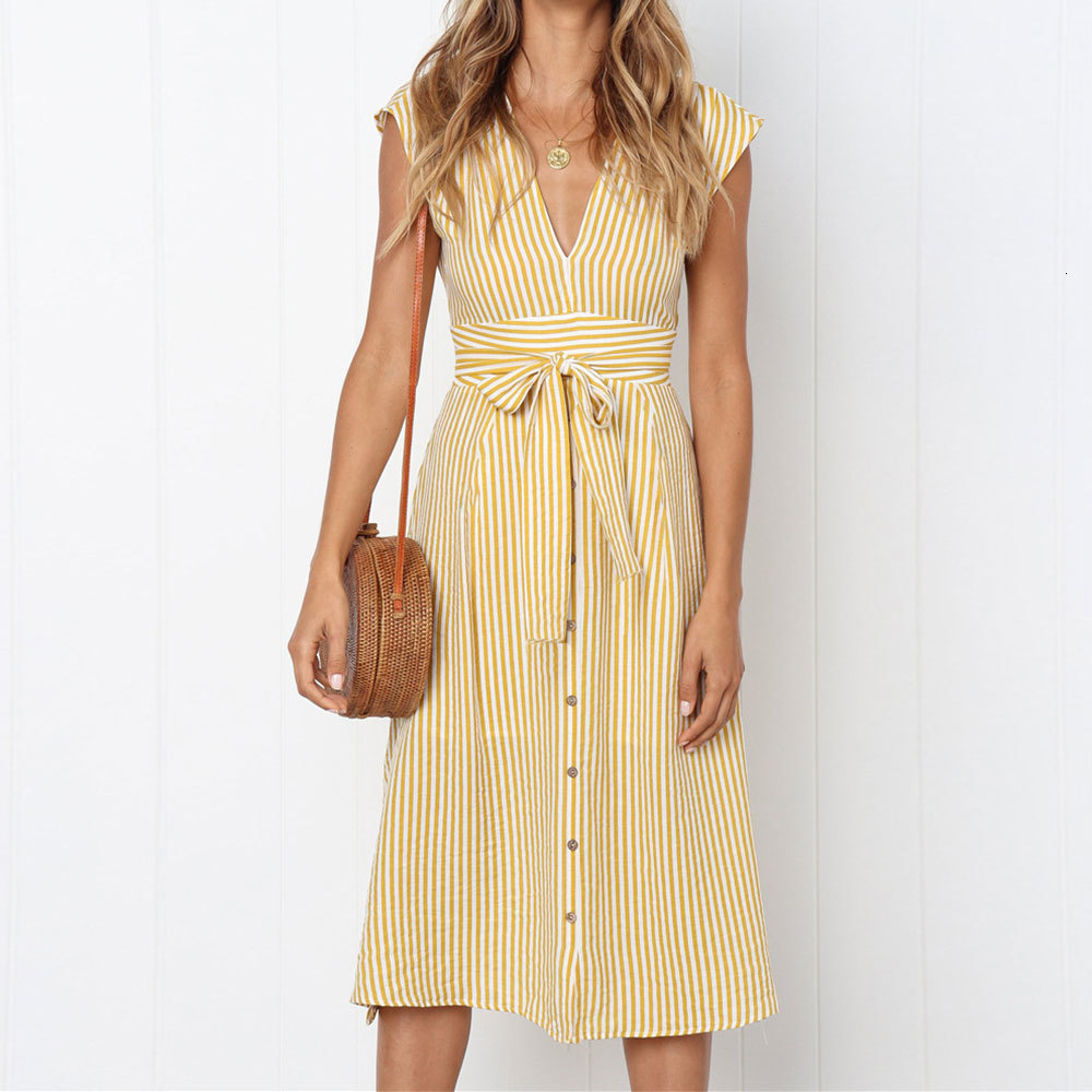 

2021 New Summer Short Sleeve v Neck Striped a Line Casual Sashes Midi Elegant Long Beach Streetwear 5u1n, Black