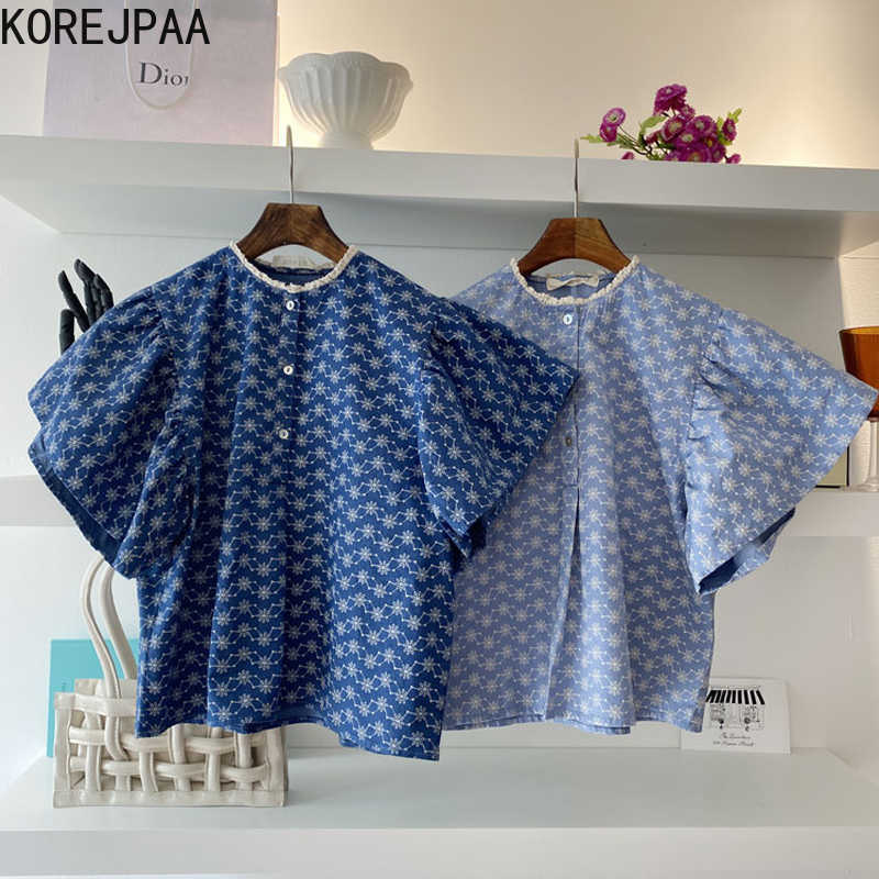 

Korejpaa Women Shirt Summer Korean Chic Ladies Retro Stand-Up Collar Lace Jacquard Stitching Loose Flying Sleeve Blouses 210526, Light blue