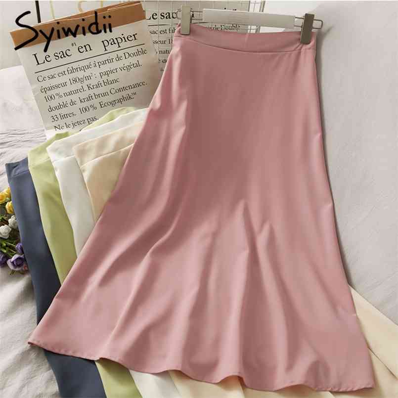 

Syiwidii Skirt for Women High Waist Mid-Calf A-Line Solid Black White Pink Casual Spring Summer Korean Fashion Skirts 210708