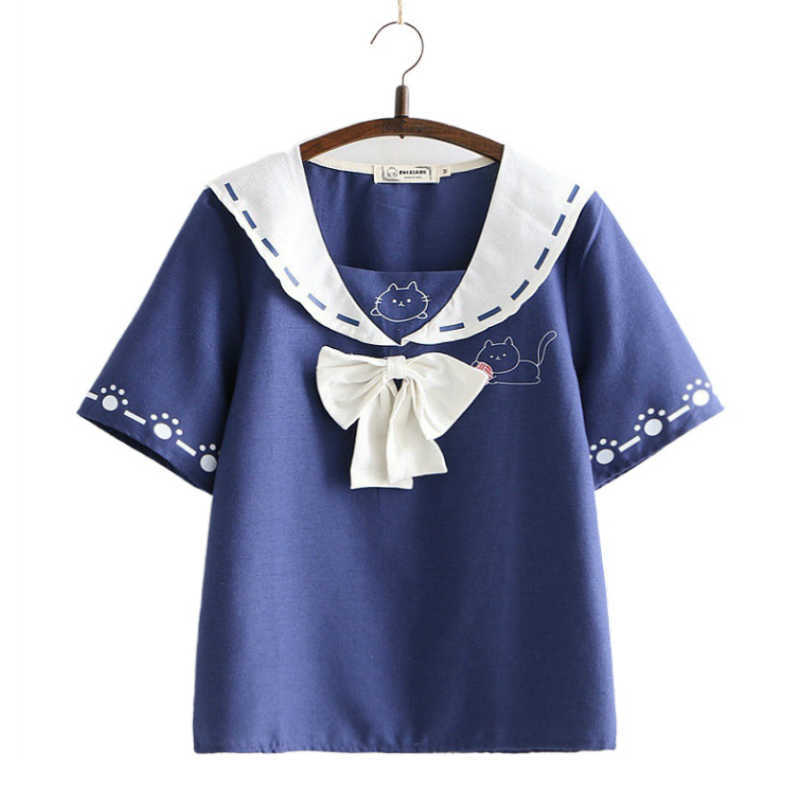 

Merry Pretty Women Sailor Collar Bow T Shirts Summer Short Sleeve Cartoon Print Shirt Femme Sweet Style Cotton ops ees 210526, Navy blue