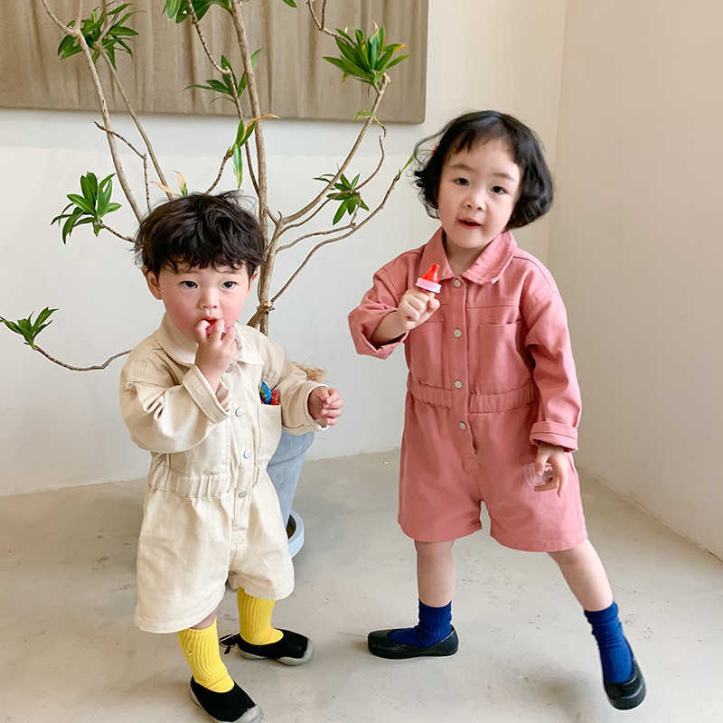 

Korean style boys and girls fashion solid color s clothes cotton loose long sleeve unsiex bodysuits 1-6Y 210615, Beige