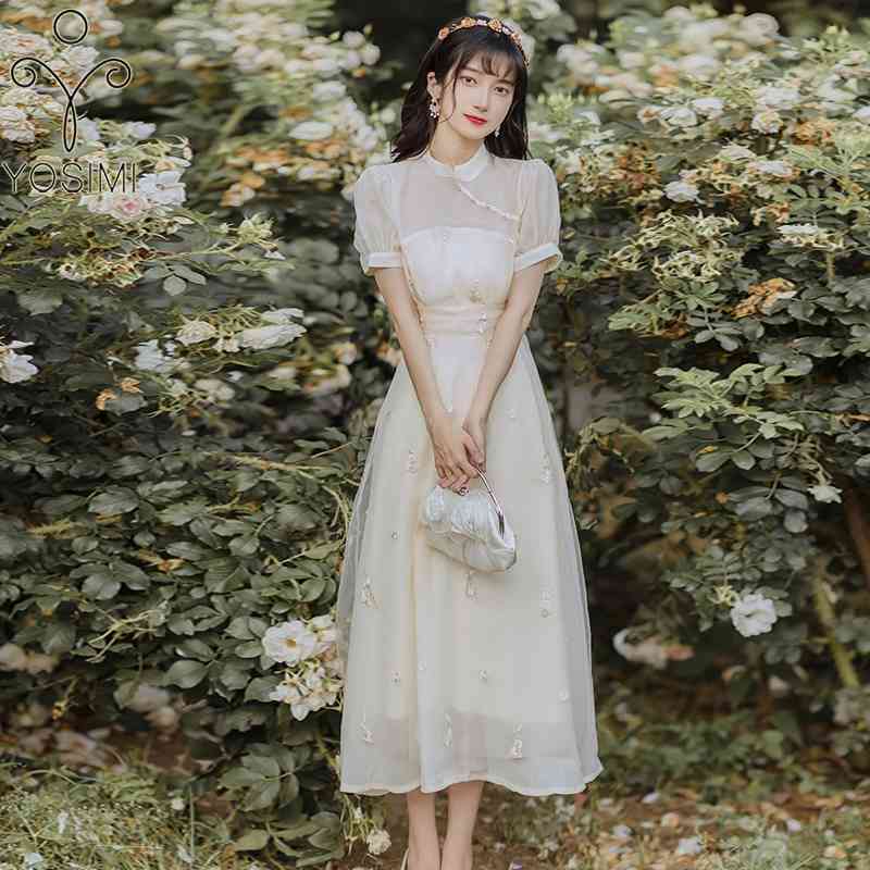 

YOSIMI Summer Vintage Beige Embroidery Voile Long Women Dress Short Sleeve Mid-Calf Fit and Flare Slim Evening Party 210604