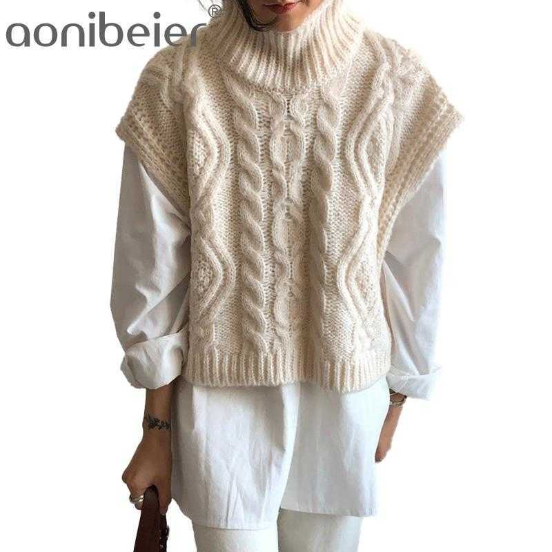 

Autumn Winter Turtleneck Sleeveless Sweater Vest Women Twist Pattern Short Pullover Waistcoat Loose Knitwear Tops 210604, Black