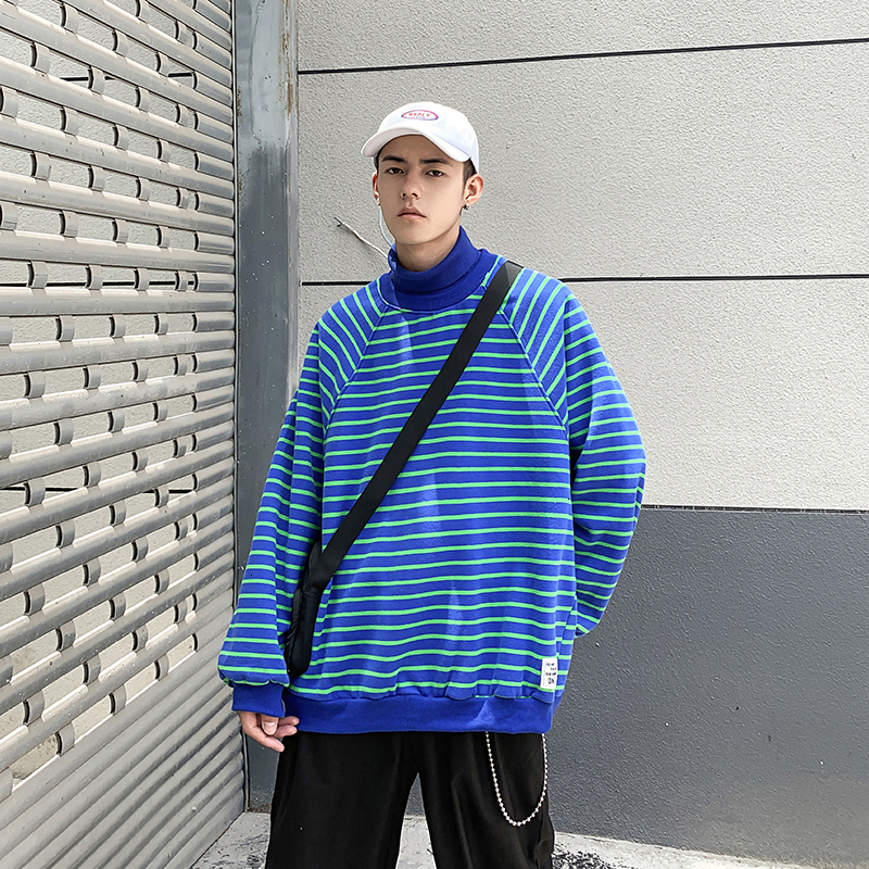 

2021 New Men's Thicken Veet Stripe Printing Coats Male Hoodies High Collar Tide Cotton Pullover Casual Clothes Sweatshirts -2xl U8ru, White