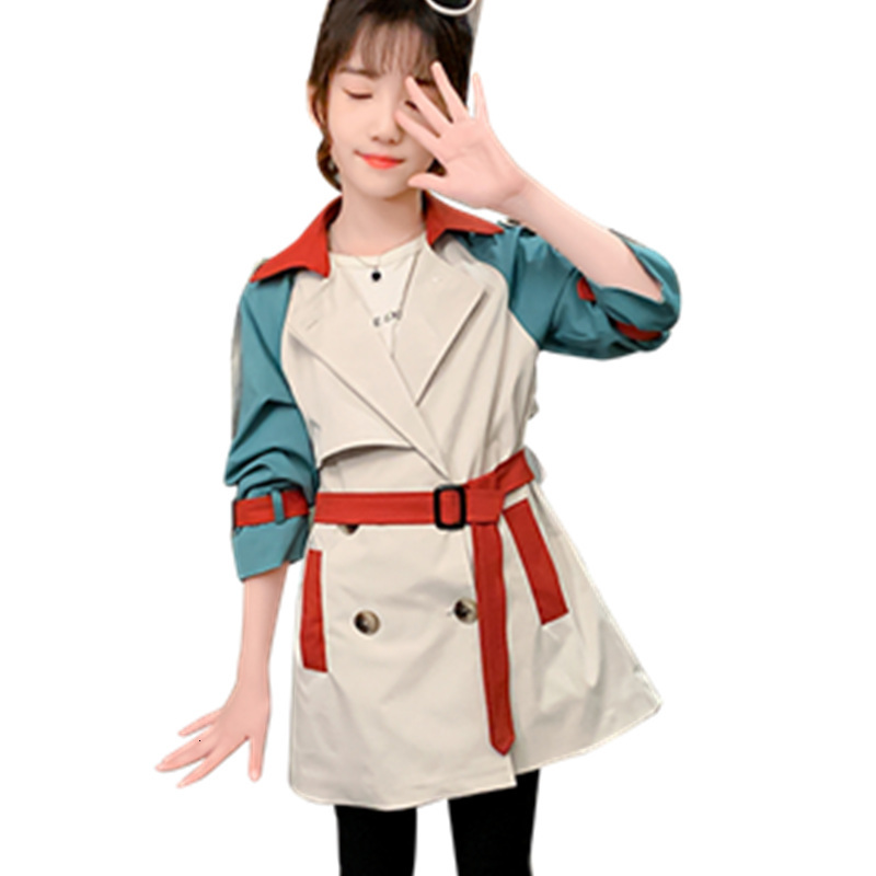 

2021 New Trench Coat for Girls Fake Two Parts Autumn Jacket Fashion Girl Outerwear Hoodies Kids'clothes 5-14 B2w4, Blue;gray