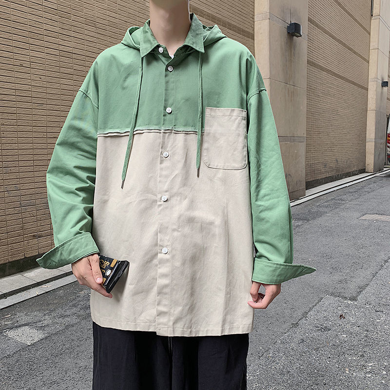 

2021 New Men's Fashions Hawaiian Shirt Streetwear Fashion Cotton Clothes Long Sleeves with Hood M-2xl Shirts G51v, Green