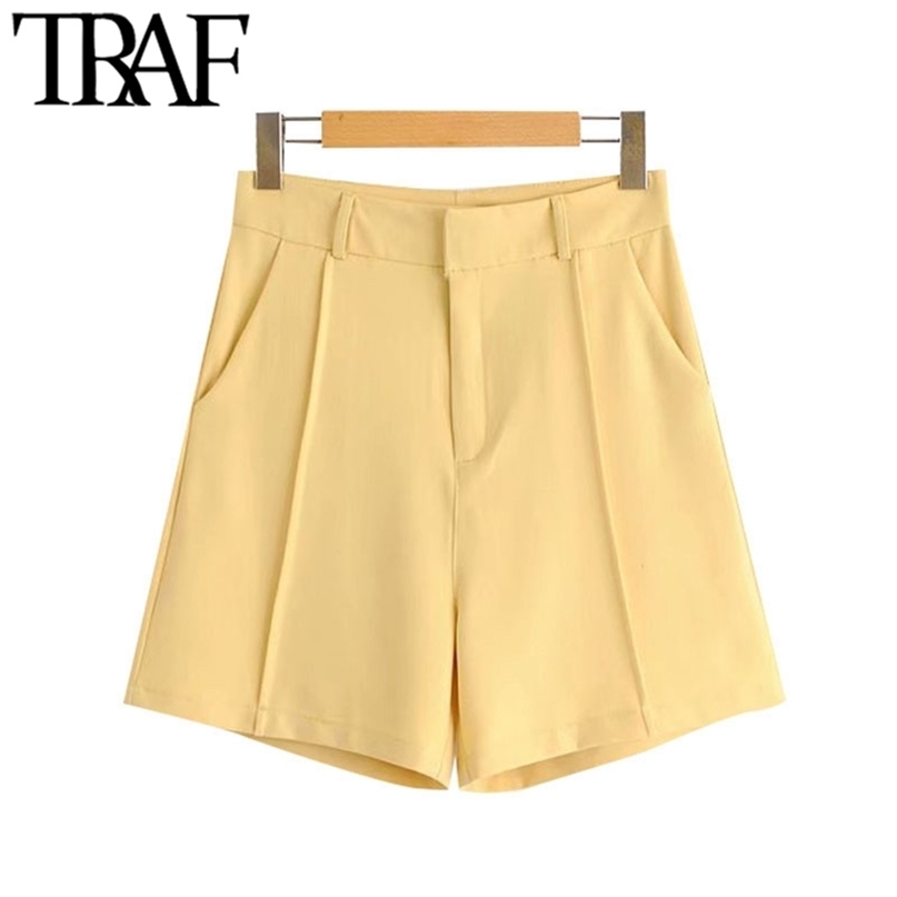 

TRAF Women Chic Fashion Office Wear Side Pockets Straight Shorts Vintage High Waist Zipper Fly Female Short Pants Mujer 210722, As picture