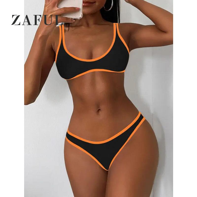 

Women's Swimwear ZAFUL Contrast Trim Bralette Bikini Set, Black