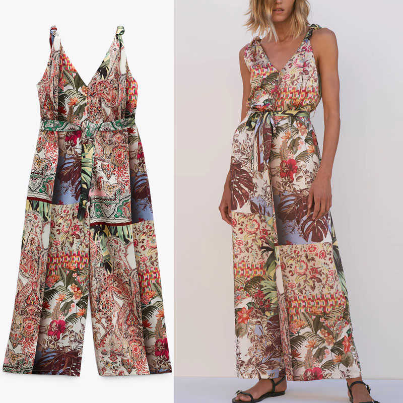 

Za Floral Print Loose Jumpsuit Women Sleeveless Knotted Straps Long Summer Romper Chic Back Zip Vintage Tied Belt Jumpsuits 210602, As picture
