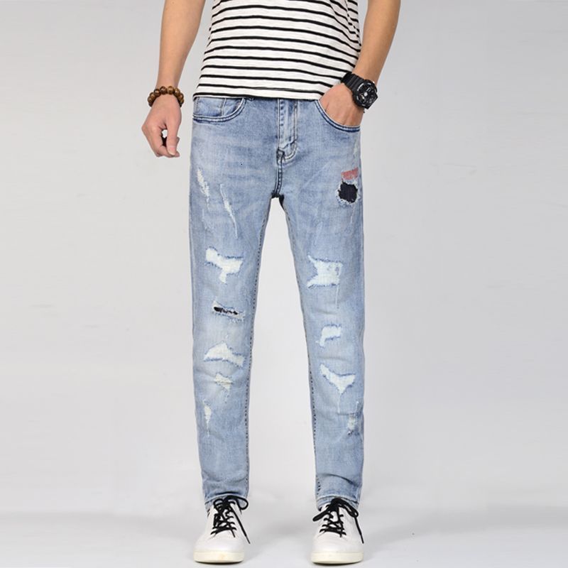 

2021 Spring New Elastic Cotton Stretch Ripped Jeans Pants Fit Denim Trousers Men's Brand Fashion Wear Vsre, Sky blue