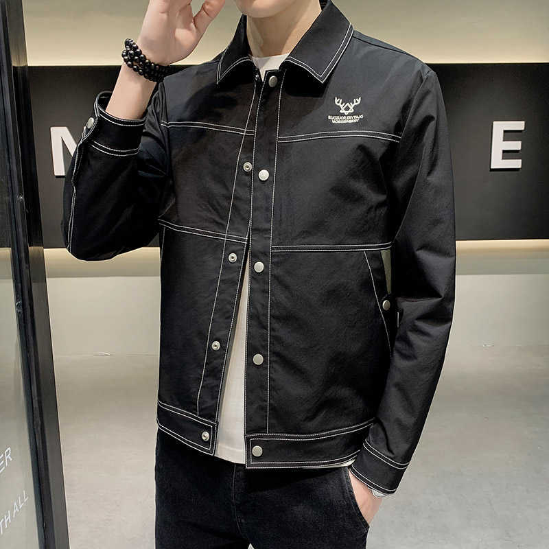 

Spring Lapel Jacket Men's Casual Slim Fit Jacket Fashion Street Wear Brand Clothing Business Social Dress Coats Windbreaker 210527, Black