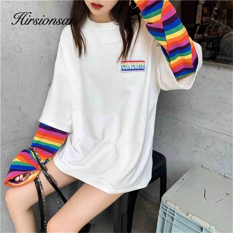 

Hirsionsan Rainbow Kawaii T Shirt Women Spring Long Sleeve Harajuku Tees Casual Student Tops Stripe Oversized Clothes 210708, White