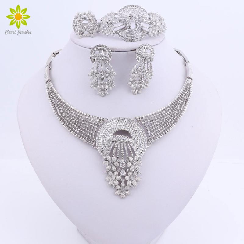 

Wedding Jewelry Sets Dubai Silver Plated For Women Bridal Necklace Earrings Fashion Bridesmaid, Slivery;golden
