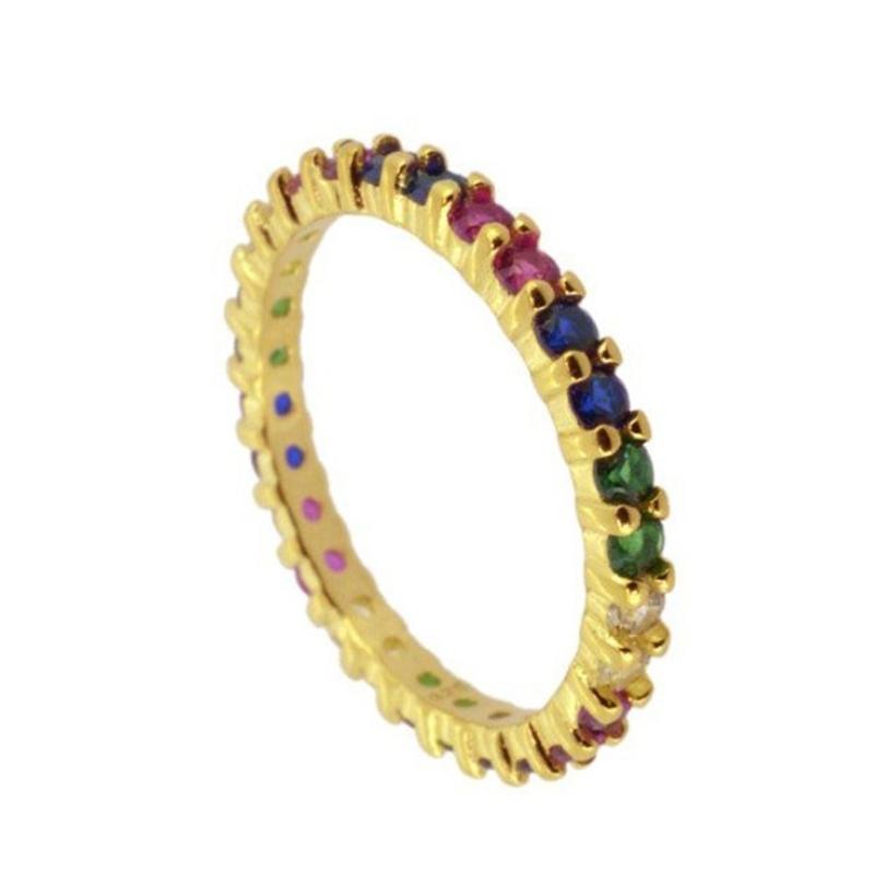 

Wedding Rings Single Row Circle Copper Gold-plated Rainbow Zircon Ring For Women Retro Trend Thin Fashion Top Quality Charm Jewelry