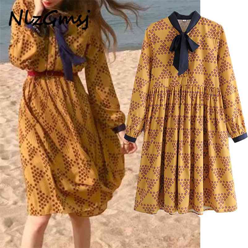 

Dress Woman Women Dots Pleated Bow Neck Long Sleeve Ladies Midi Vestidos 210628, As picture