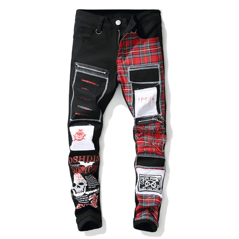 

2021 New Men's Skull Printed Scottish Plaid Patchwork Jeans Trendy Patches Design Black Ripped Distressed Denim Long Pants Trousers Tpsj, Beige