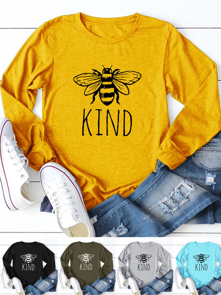 

2021kind bee print new long sve pullover women's t-shirt, casual and versatile loose t-shirt, White