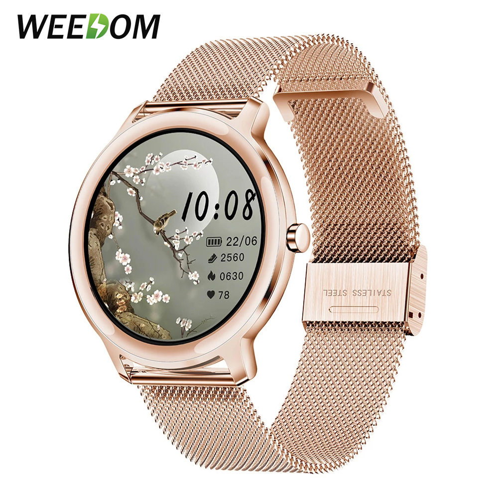 

er Slim Fashion Women Smart Watch 2021 Full Touch Round Screen Smartwatch for Woman Heart Rate Monitor For Android and IOS, Mesh rosegold