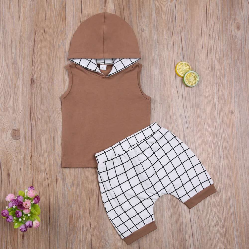 

Boys and girls suits summer children's suit boys' sleeveless Hoodie and plaid shorts, White