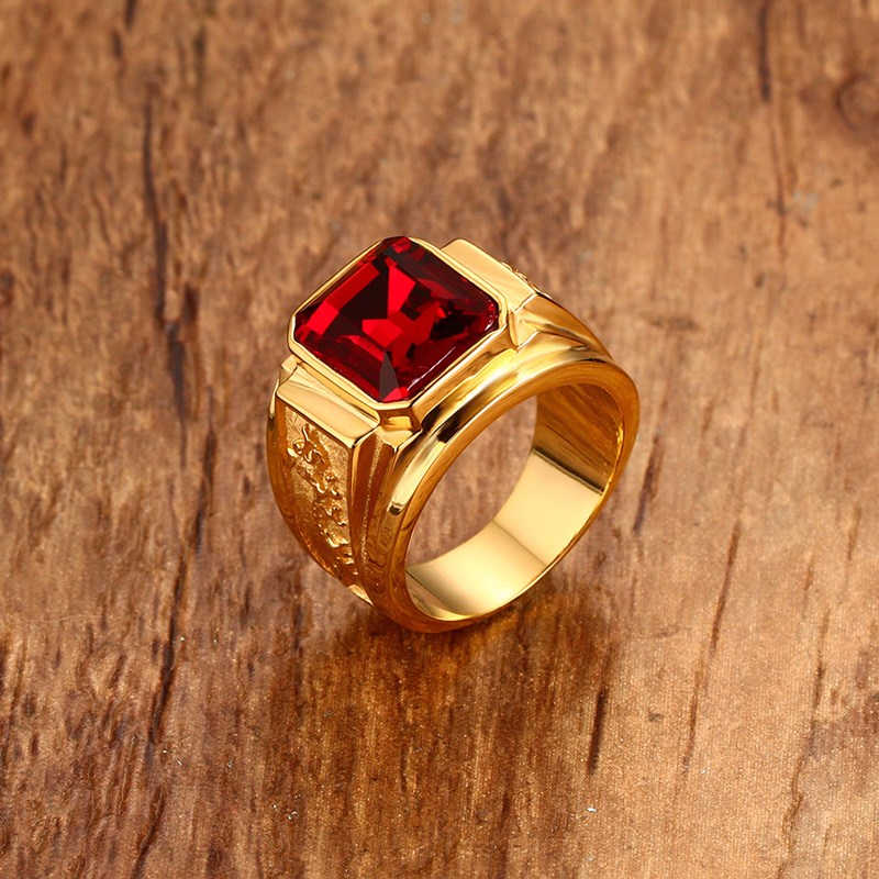 

Square Red Stone Hip-hop Men Ring in Golden Stainless Steel Engrave Dragon Rings Mens Jewelry