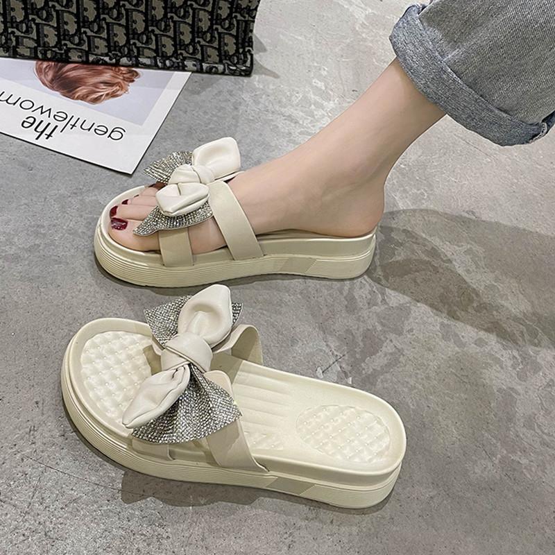 

Slippers Fashion Thick-Soled Bowknot Rhinestone Ladies Summer Trend All-Match Non-Slip Wear-Resistant Casual Beach Shoes, Beige