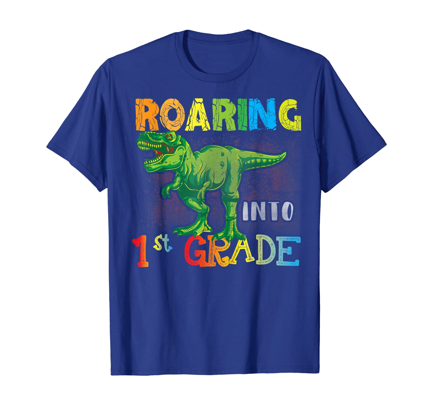 

roaring into 1st grade t-rex dinosaur back to school shirt., White;black