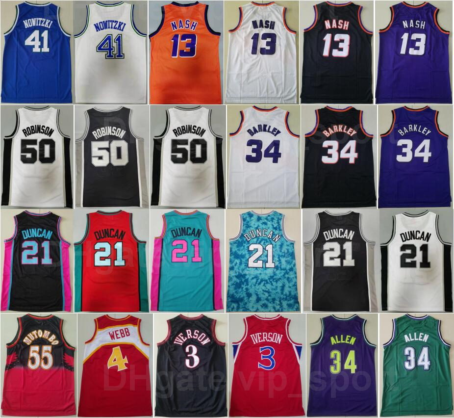 

Mitchell Ness Basketball Charles Barkley Vintage Jersey 34 David Robinson 50 Tim Duncan 21 Steve Nash 13 Dirk Nowitzki 41 Retro All Stitched Black White Blue Purple, 41 blue