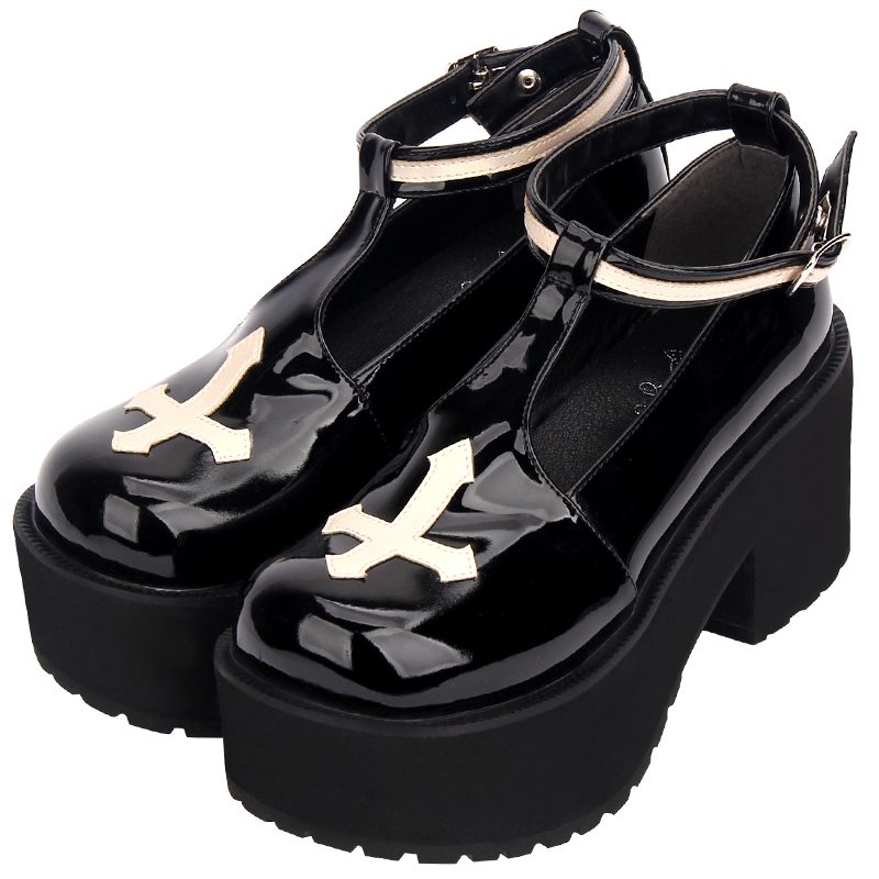 

Black Punk Platform Lolita Crucifix Cross Pattern Round-finger Design Japanese Foot Gothic Girl Loli Anime Shoes Cosplay High Heels Hffq