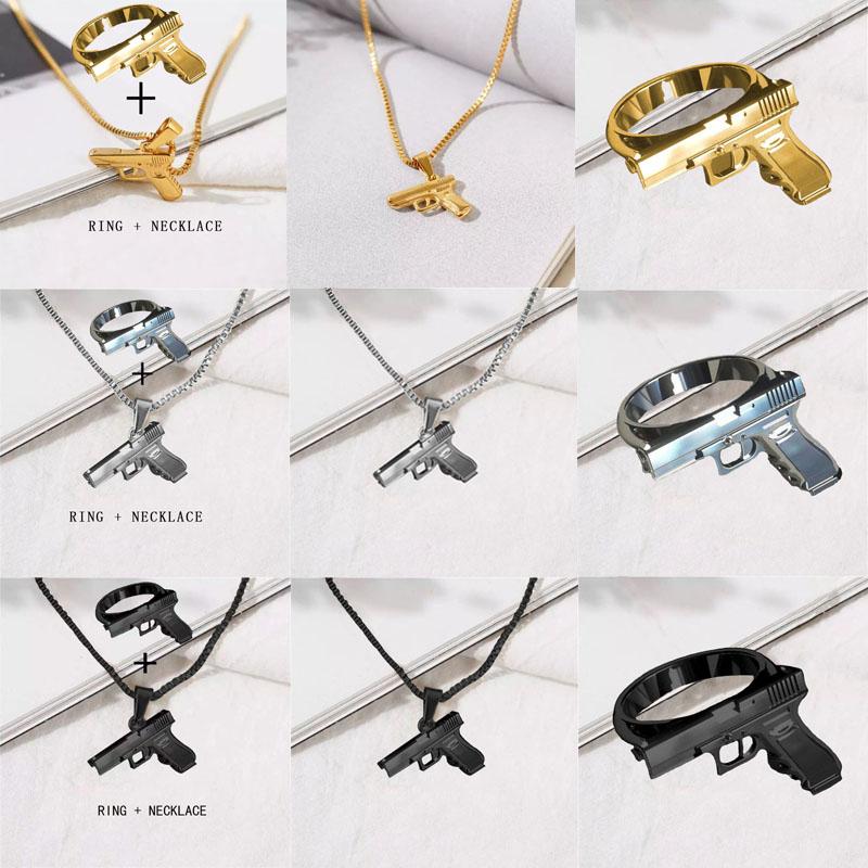 

Earrings & Necklace 2 Piece Set Of Ring Punk Retro Style Men's And Women's Imitation Gun Model Jewelry, Silver