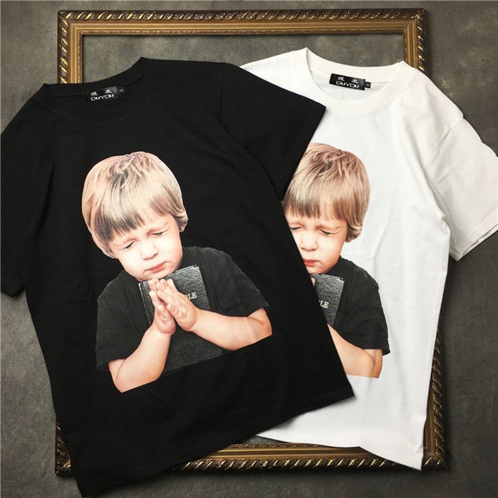 

2021 New Praying Little Boy Print T-shirts Fashion Summer Hip Hop Casual Streetwear Tshirts Men Harajuku Short Sleeve Tops Male D63s, Black