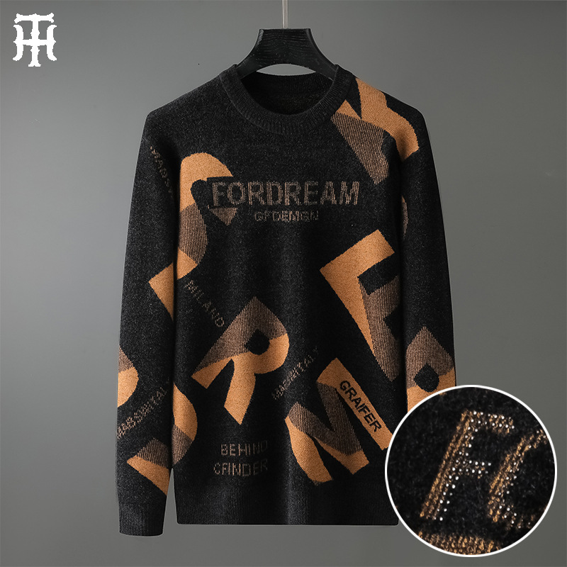 

sweater knit men's thickened brand letter jacquard velvet bottomed round neck european, White;black
