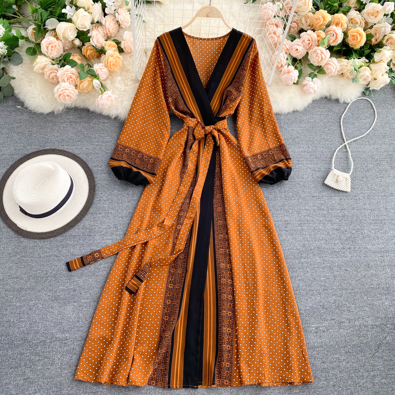 

Spring Autumn Women Printed Long Dress Vintage Puff Long Sleeve High Waist A-Line Vestidos Female 2021 New Fashion Beach Robe, White;black