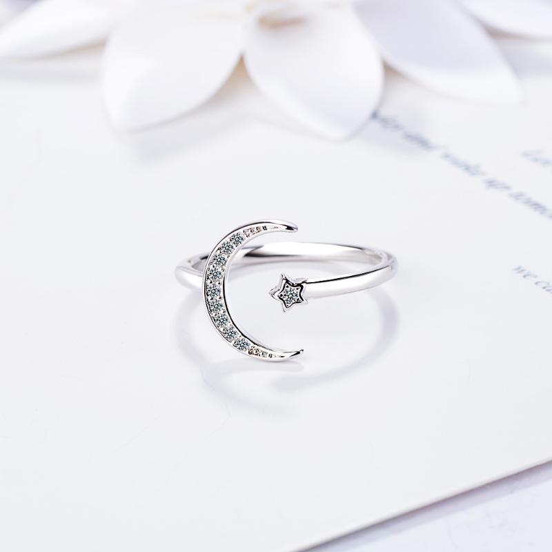 

Cluster Rings Real S925 Sterling Silver Ring Minimalist Zircon Moon Star Opening For Charming Women Party Fine Jewelry Cute 2021 Gift
