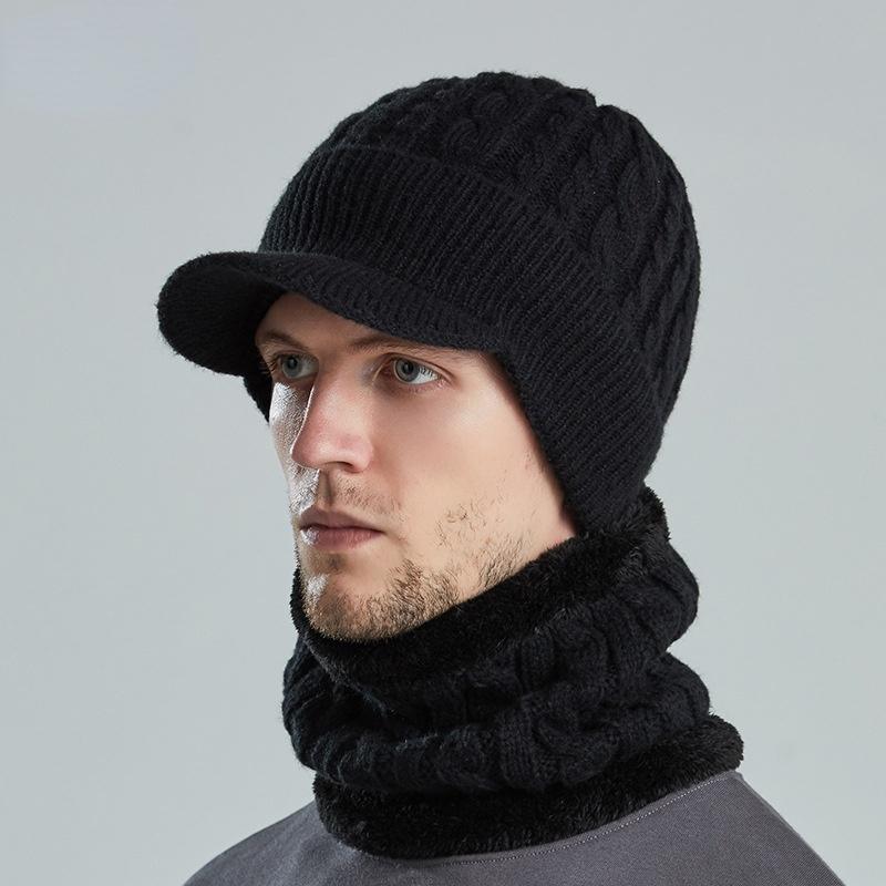 

Berets 2021 Men Winter Knitted Peaked Cap Scarf Two-Piece Set Fashion Male Outdoor Cycling Ear Protection Warm Sunhat Bomber Hats, Black