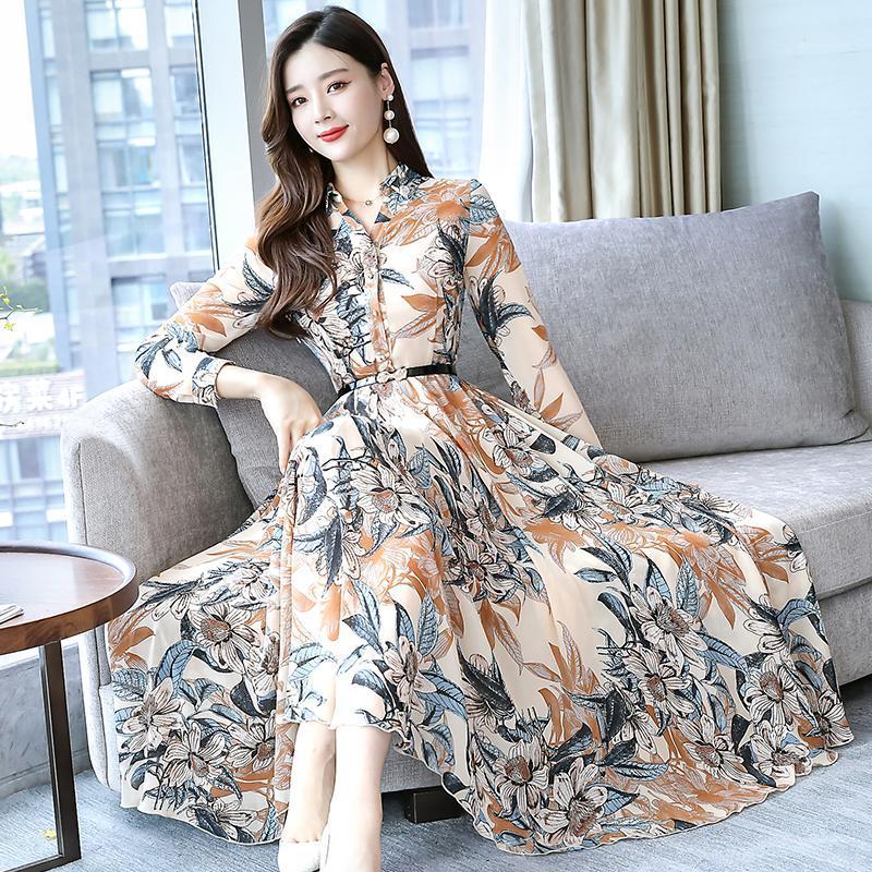

Casual Dresses 2021 Autumn Arrival High Quality Plus Size -3XL Elegant Flower Printed V Collar Woman Chiffon Long Dress, Khaki