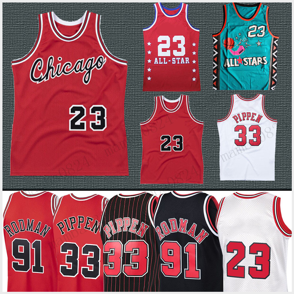 

23 MJ Jersey Dennis Scottie Rodman 33 Pippen NCAA Retro 1995 1996 MJ Basketball Jerseys Chicago Bulls NBA Jerseys, Black;red