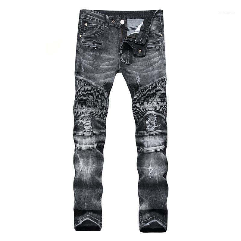 

Men's Jeans Zipper Denim Trousers Men Slim Skinny Motorcycle Pleated Hip Hop Washed Bleached Casual1, Black